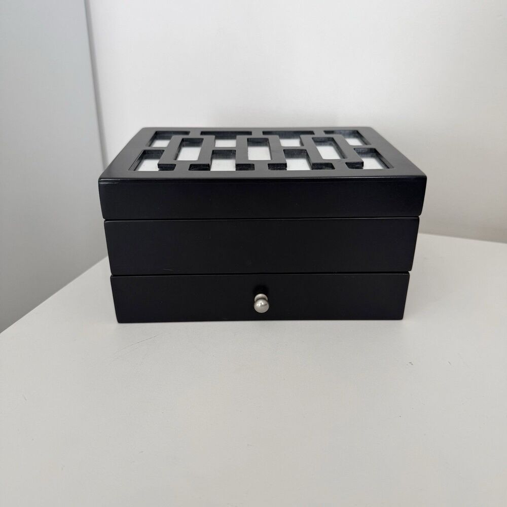Modern Black Jewelry Box Organizer Storage W/ Mirrored Geometric Top Drawer